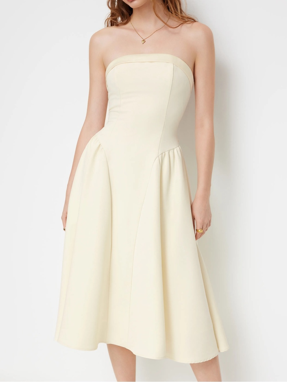 Champagne Strapless Cream Fit-and-Flare Midi Dress
